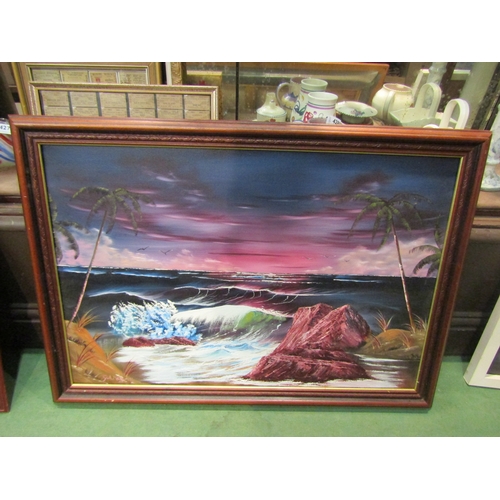 4197 - G.A. MADGWICK: Three framed oils on canvas, tropical coastline, fishing boats in harbour, and a moun... 