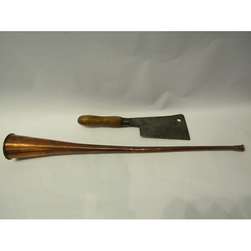 4209 - A Victorian meat cleaver by Whitehouse of Cannock, together with a copper hunting horn (2)