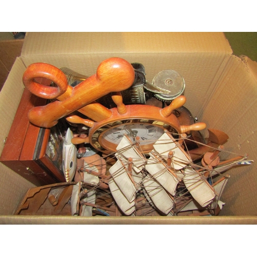 4249 - A box of nautical style items including coppered tin ship's lamps, together with a Middle-Eastern br... 