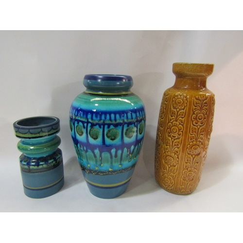 4270 - Two blue/green glazed vases marked FLORA HOLLAND to base and a toffee coloured West German vase with... 