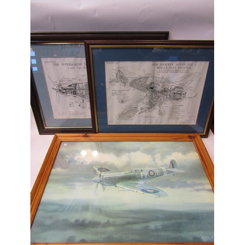 4300 - Two framed photocopies of cutaway drawings depicting a Supermarine Spitfire II and Hawker Hurricane ... 