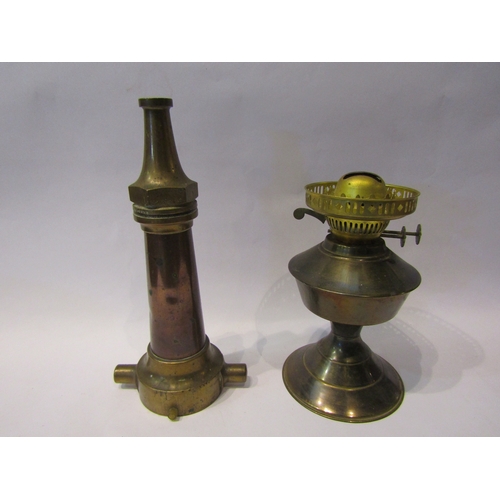 4302 - A John Morris & Sons, Salford, Manchester, brass and copper fire hose nozzle and an oil lamp base (2... 