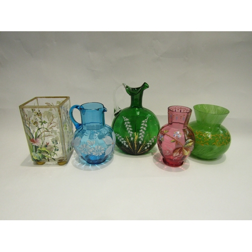 4389 - Five pieces of painted glassware (a/f), jugs and vases, square floral decorated vase, cracked base w... 