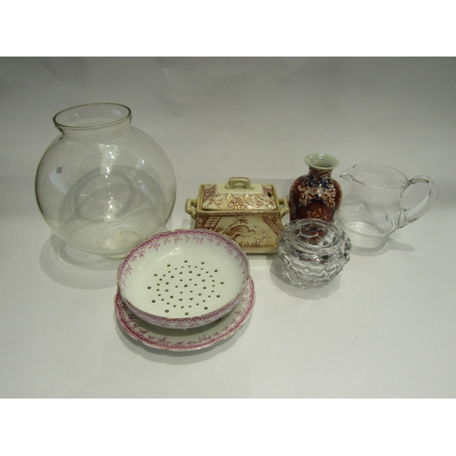 4395 - A mixed lot of glassware and ceramics, including a strawberry dish, glass jugs and a fish-bowl vase