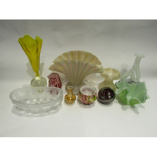 4397 - Ten pieces of Studio and other glass including Okra paperweight, Mtarfa vase, handkerchief bowl, etc... 