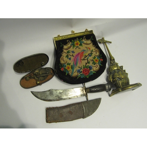 4428 - A brass doorstop as a galleon.  A cased set of travelling scales and weights.  A 20th Century tapest... 