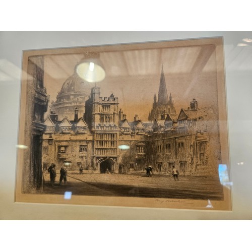 1524 - Six black and white engravings of Cambridge University and Cambridge college buildings, framed and g... 