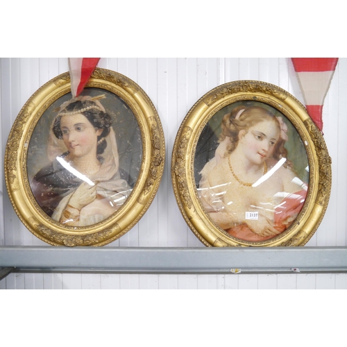 2137 - A pair of 19th Century oval oil painting portraits, gilt framed