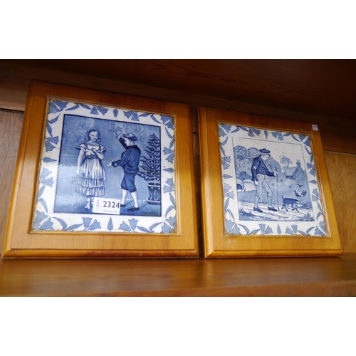 2324 - Two large Victorian Wedgewood framed blue and white tiles