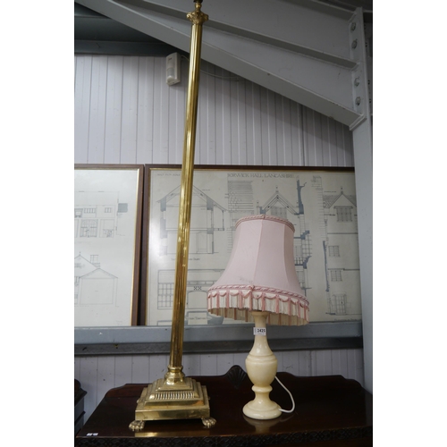 2425 - A brass Corinthian column standard lamp on claw feet and an alabaster table lamp