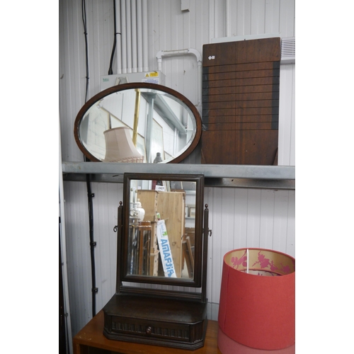 2427 - A swing mirror on single drawer base, oval wall mirror and a board (3)