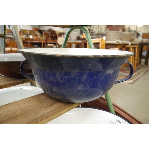 2045 - A blue enamel twin handled bowl