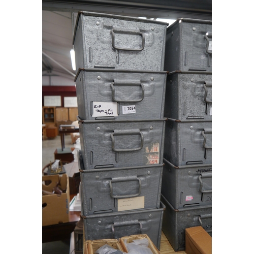 2054 - Five galvanized stacking tote trays