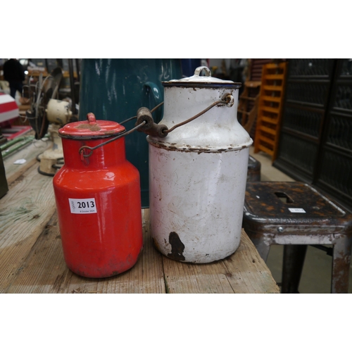 2013 - A red and a white enamel mini milk jug