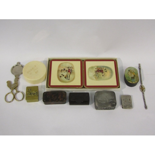 4327 - A box of assorted including sterling bracelet, 'Here's Your Uncle James' pot, snuff boxes etc.