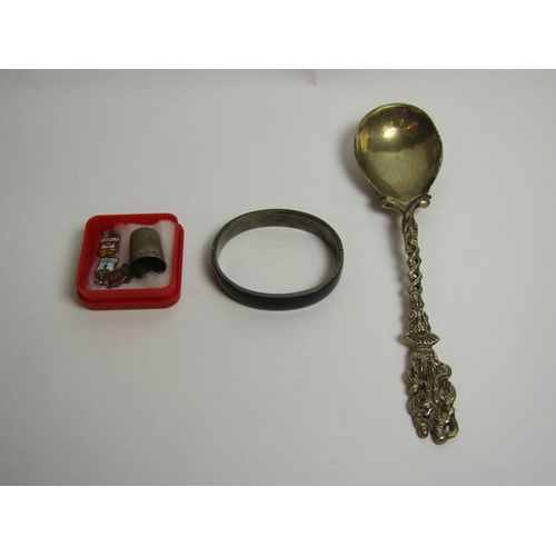 4334 - A silver figural spoon, London 1898, together with an enamel on silver stiff-hinge bangle etc