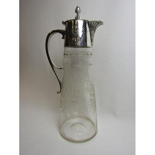 4352 - An Edwardian etched glass claret jug of tapering cylindrical form with silver plated top by Hukin & ... 