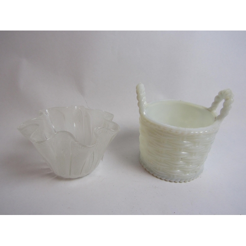 4355 - Two small glass items C1880.  A small Nailsea fine lattice fluted bowl and a milk glass basket.