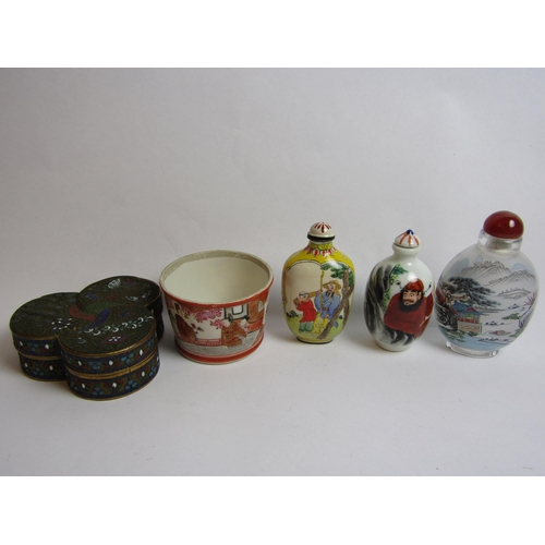 4362 - Three opium bottles one with painted interior, a Satsuma bowl (no lid) and a metal trinket box (5)