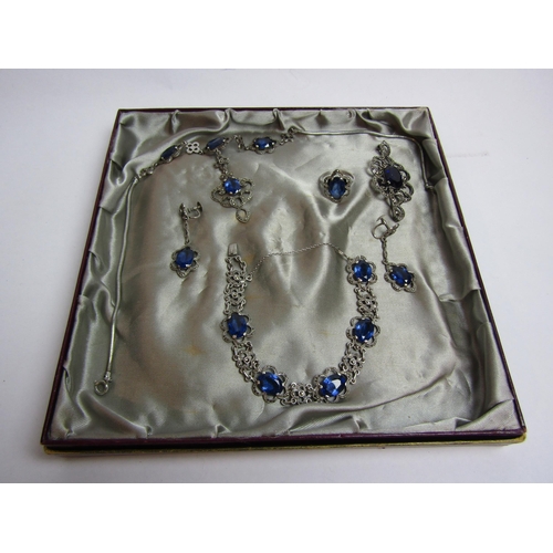 4388 - A mid-20th Century silver, marcasite and sapphire blue coloured glass stone suite of jewellery, comp... 