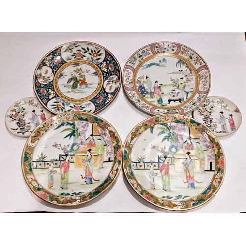 4441 - Four Chinese famille-rose pattern plates and two smaller saucers (6)