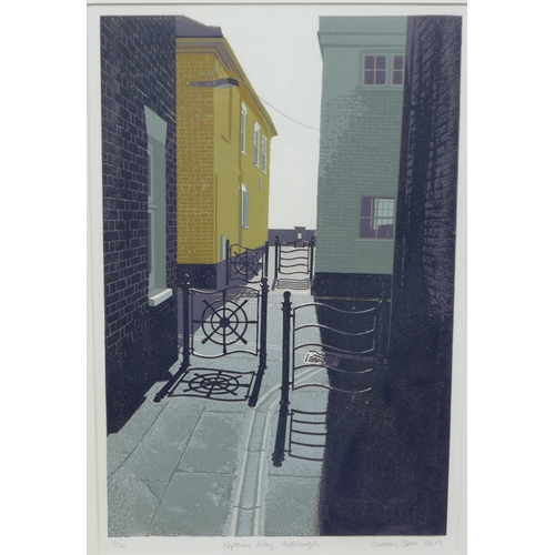 7567 - GRAHAM SPICE (Suffolk Artist b.1949) A framed and glazed linocut - 'Neptune Alley, Aldeburgh', 2012.... 