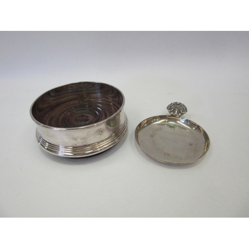 1305 - A silver and turned wood wine glass coaster together with a wine taster (2)