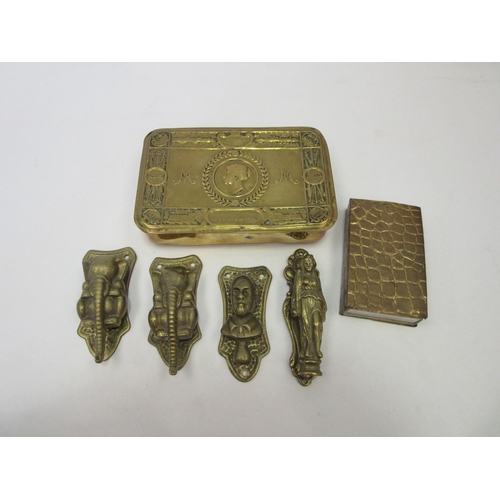 1309 - A mixed lot including 1914 sandwich box with armed forces banknotes inside, brass crocodile skin pat... 