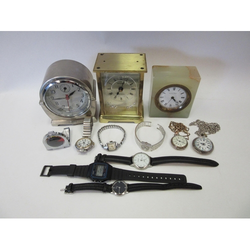 1312 - A selection of wristwatches, clocks and two pocket watches, one being silver cased