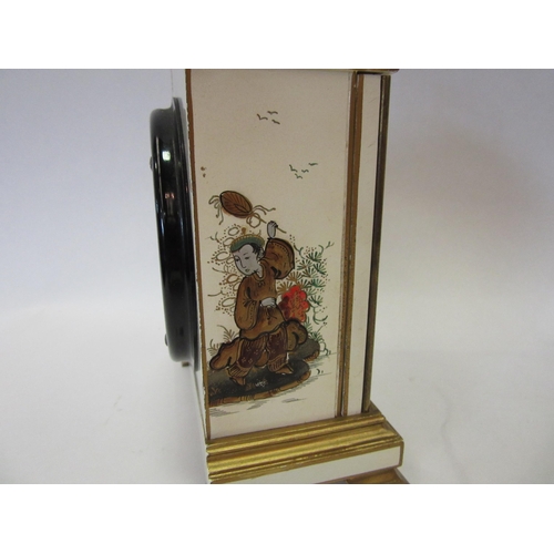 1316 - Two chinoiserie mantel clocks, one by Elliott, both with a brass dial and Roman numeral silvered cha... 