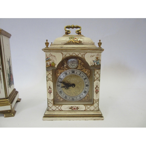 1316 - Two chinoiserie mantel clocks, one by Elliott, both with a brass dial and Roman numeral silvered cha... 