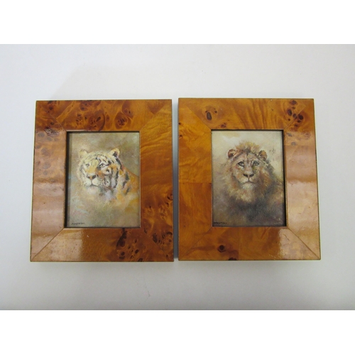 1319 - JAMES J ALLEN (act-1977): A pair of miniature acrylics of lion and tiger, 8.5cm x 6.5cm, maple style... 