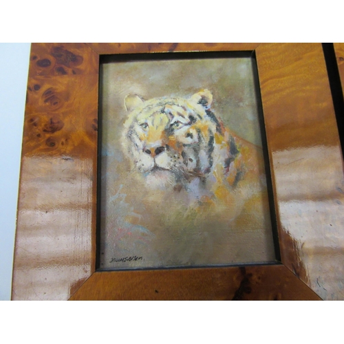 1319 - JAMES J ALLEN (act-1977): A pair of miniature acrylics of lion and tiger, 8.5cm x 6.5cm, maple style... 