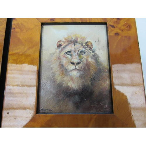 1319 - JAMES J ALLEN (act-1977): A pair of miniature acrylics of lion and tiger, 8.5cm x 6.5cm, maple style... 