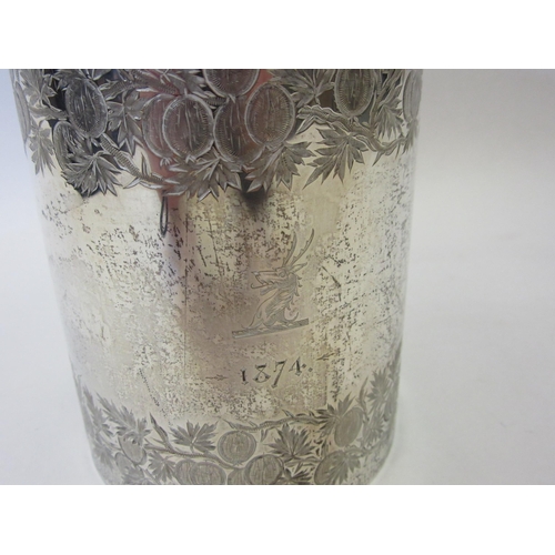 1326 - A silver tankard with etched leaf and fruit design, marked London 1872, Goldsmiths Alliance Limited,... 