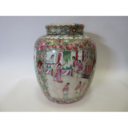 1337 - A large Chinese Famille rose ginger jar painted flora and fauna design throughout with panels depict... 