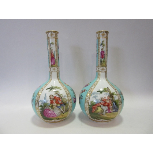 1356 - A pair of Dresden vases, marks to base. Floral and bucolic design, white and turquoise backgrounds w... 