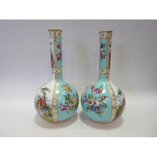 1356 - A pair of Dresden vases, marks to base. Floral and bucolic design, white and turquoise backgrounds w... 