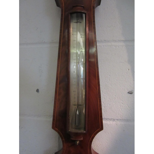 1378 - A J.Beale of Camberwell mahogany line inlaid four dial banjo barometer, top finial a/f