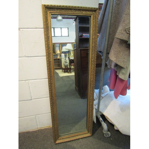 1021 - A rectangular gilt framed wall mirror, 120cm x 32cm mirror plate