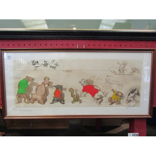 1029 - A framed and glazed engraving of dogs, indistinctly signed,  21cm x 56cm image size, together with a... 