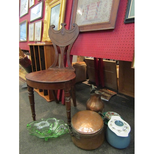 1033 - A Victorian mahogany hall chair, various mixed ceramics, a copper lidded pot and jug etc.