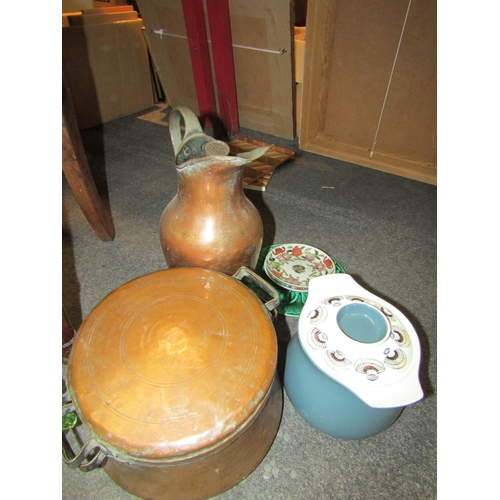 1033 - A Victorian mahogany hall chair, various mixed ceramics, a copper lidded pot and jug etc.