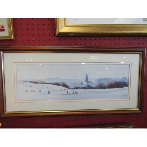 1037 - THOMAS MOORE: A watercolour depicting Norwich City and cathedral from a snow covered Mousehold Heath... 