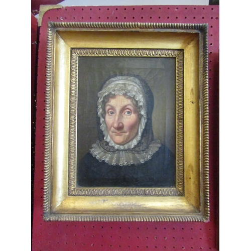 1044 - An early 19th Century oil on canvas portrait of an older woman, unsigned, gilt framed, 27cm x 20cm i... 