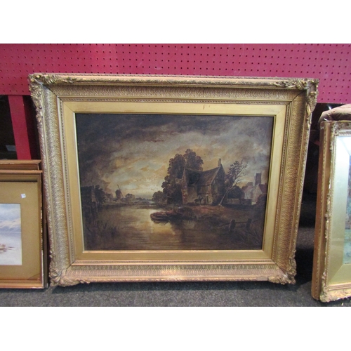 1051 - A 19th Century oils on artist's board of a rural river scene, a/f, gilt framed, 44cm x 60cm image si... 