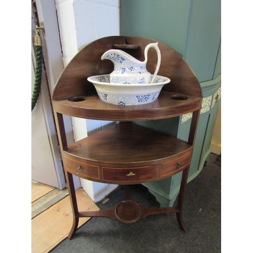 1073 - A Victorian mahogany line inlaid corner washstand, 102cm tall x 60cm wide, with blue and white bowl ... 