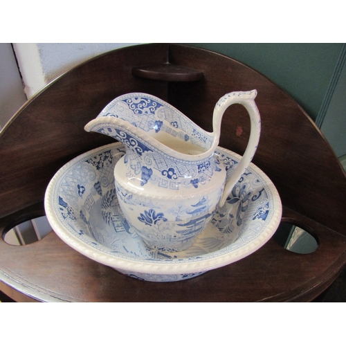 1073 - A Victorian mahogany line inlaid corner washstand, 102cm tall x 60cm wide, with blue and white bowl ... 