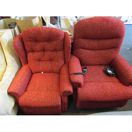 1135 - A Celebrity red upholstered rise and recline electric armchair with leads