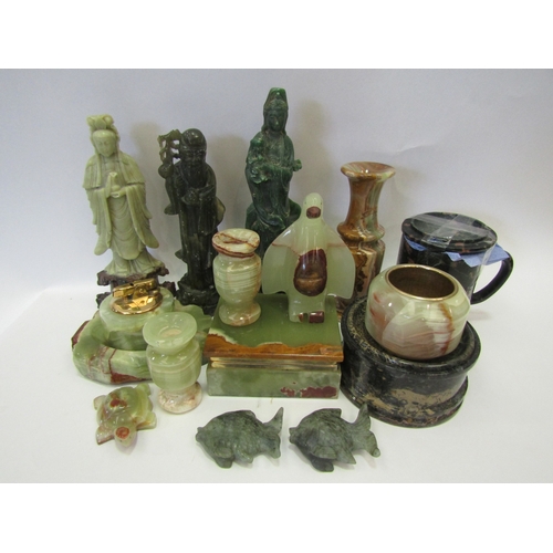 1250 - A box of turned and carved stone items, mainly onyx.  Also possibly jade figure